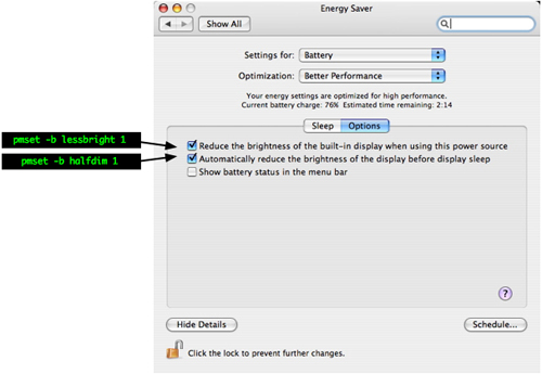 Energy Saver -> Battery -> Sleep vs pmset
