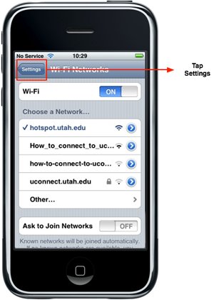 iPhone - hotspot.utah.edu - Settings button