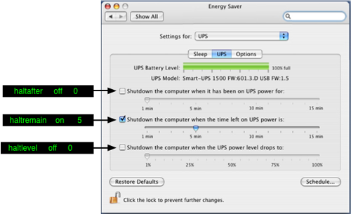 Energy Saver -> AC -> Options vs pmset