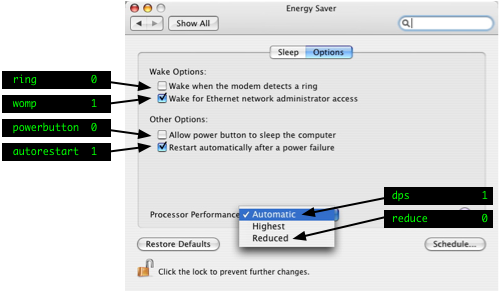 Energy Saver -> Options vs pmset