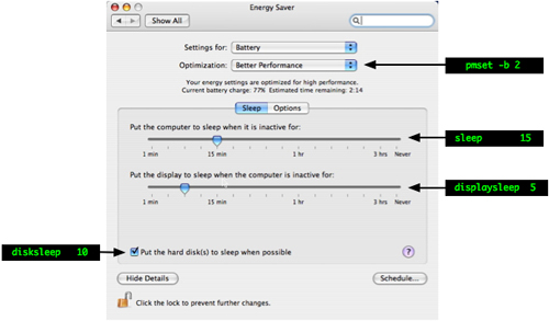 Energy Saver -> Battery -> Sleep vs pmset