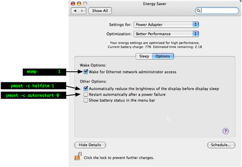 Energy Saver -> AC -> Options vs pmset