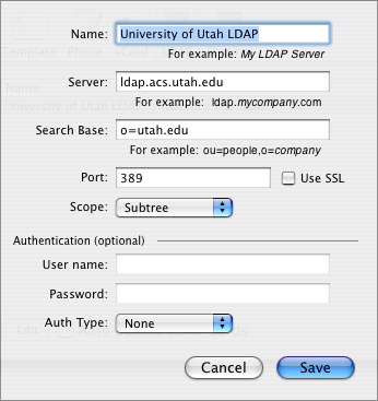 Address Book -> Preferences -> LDAP -> U of U LDAP Config